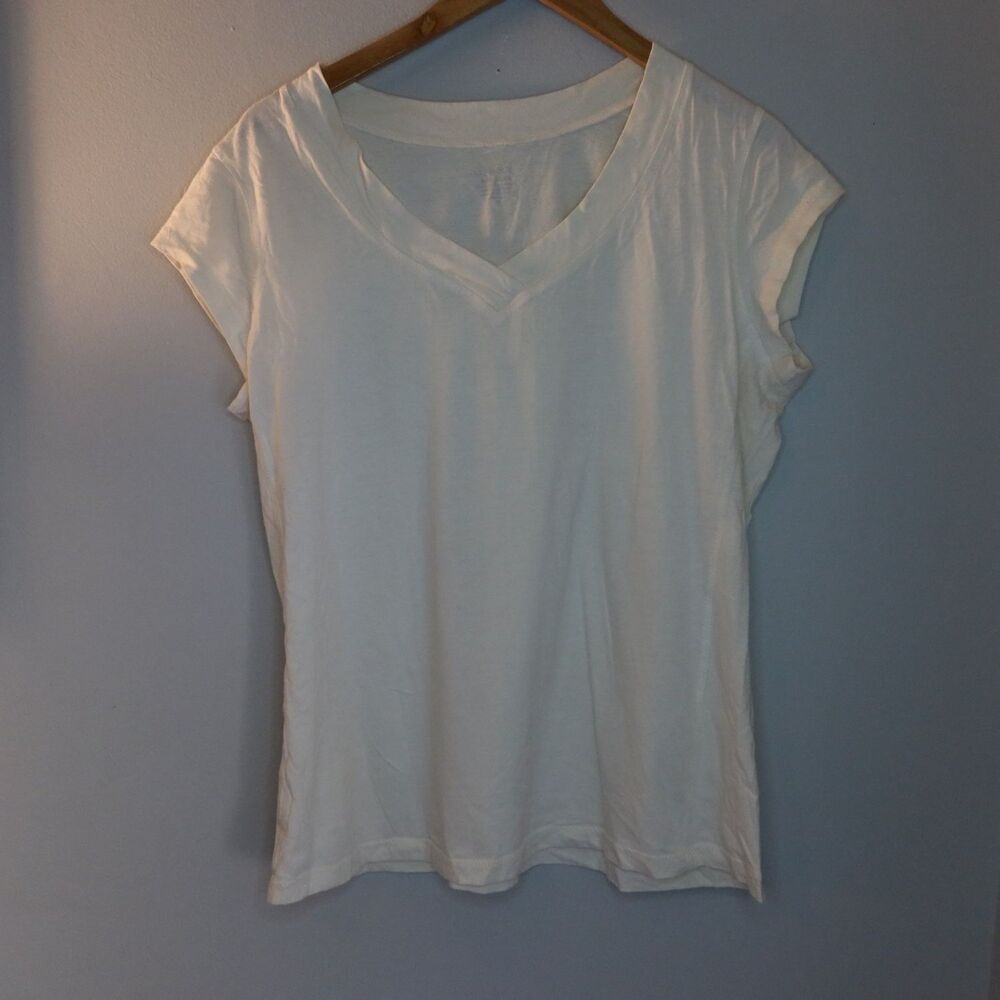 V-Neck Short Sleeve T Shirt Womens M Medium White Solid Casual Basic Tee y2k 90s
